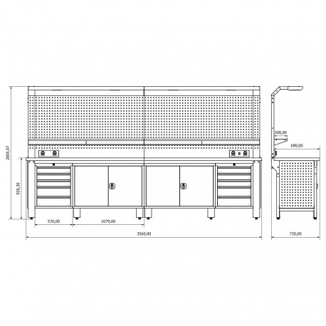 Industriele werkbank 356cm (vaste kasten)