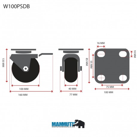 Zwenkwiel met rem 100x38mm PU